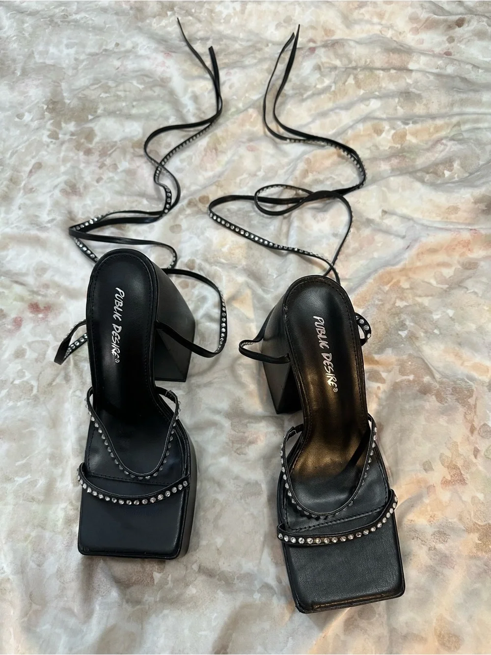 Black Platform Lace-Up Heeled Sandals with Rhinestone Straps
